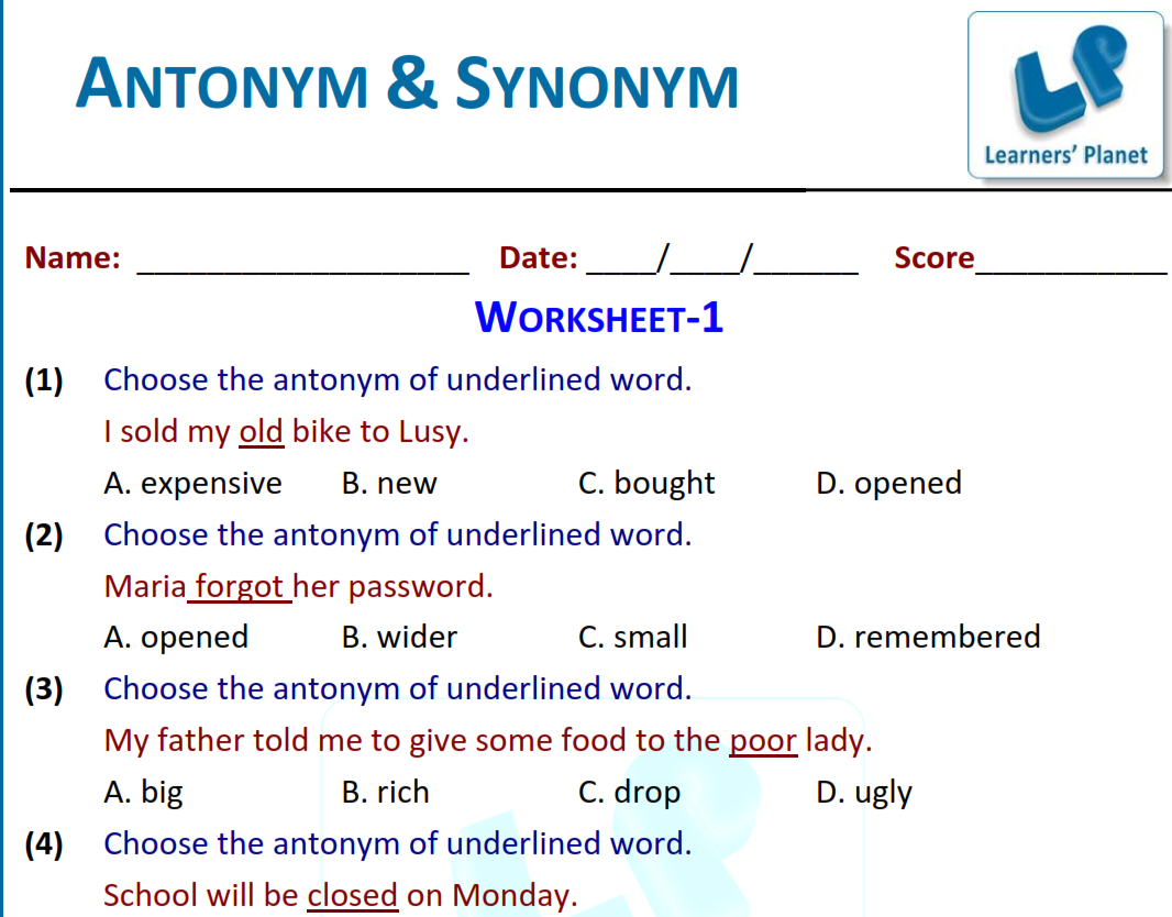 Download Synonyms and antonyms worksheet English
